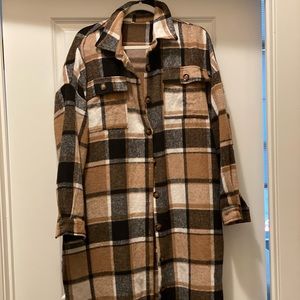 Women's Lapel Button Up Long Sleeve Plaid Long Shirt Jacket Shacket